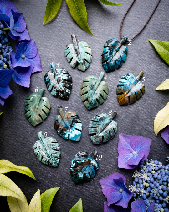 Rainbow Chrysocolla Hand Carved Monstera Leaf / Cheese Plant Necklace
