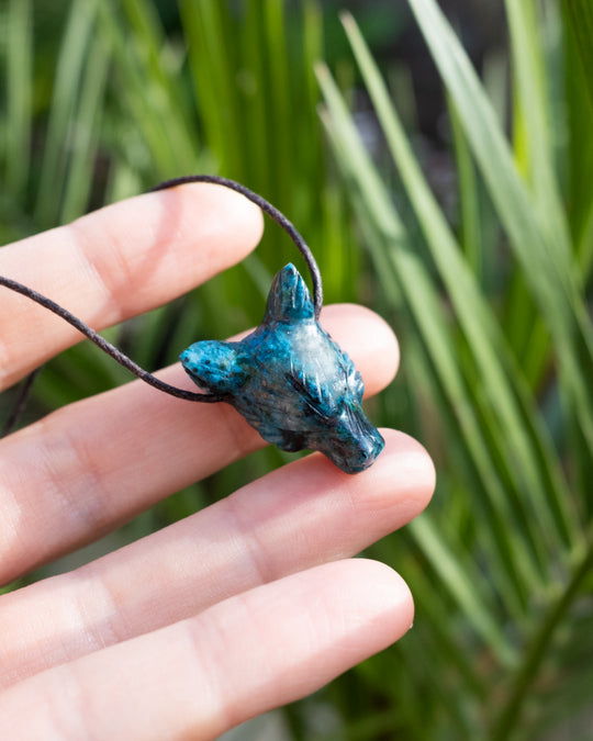 Small Rainbow Chrysocolla Hand Carved Wolf Necklace