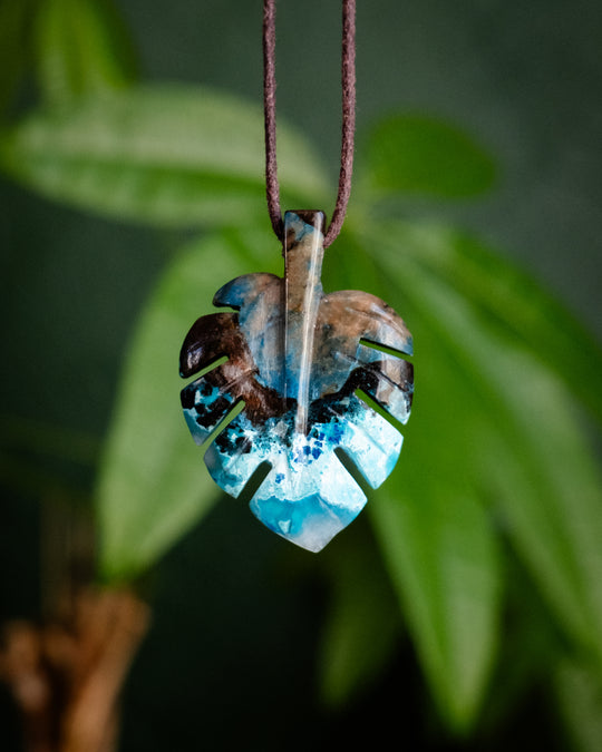 Rainbow Chrysocolla Hand Carved Monstera Leaf / Cheese Plant Necklace