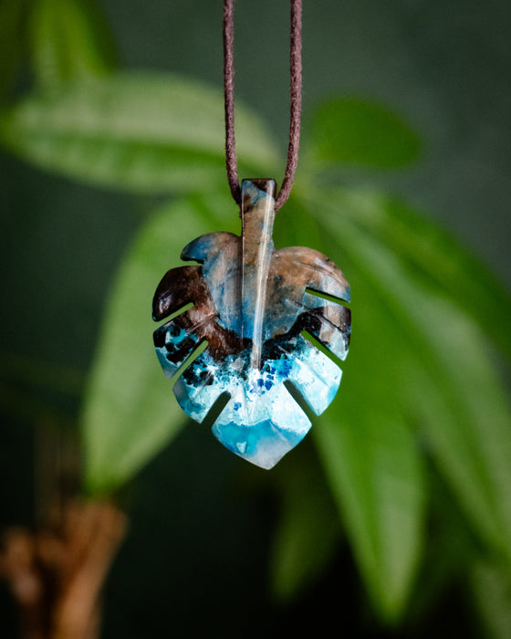 Rainbow Chrysocolla Hand Carved Monstera Leaf / Cheese Plant Necklace