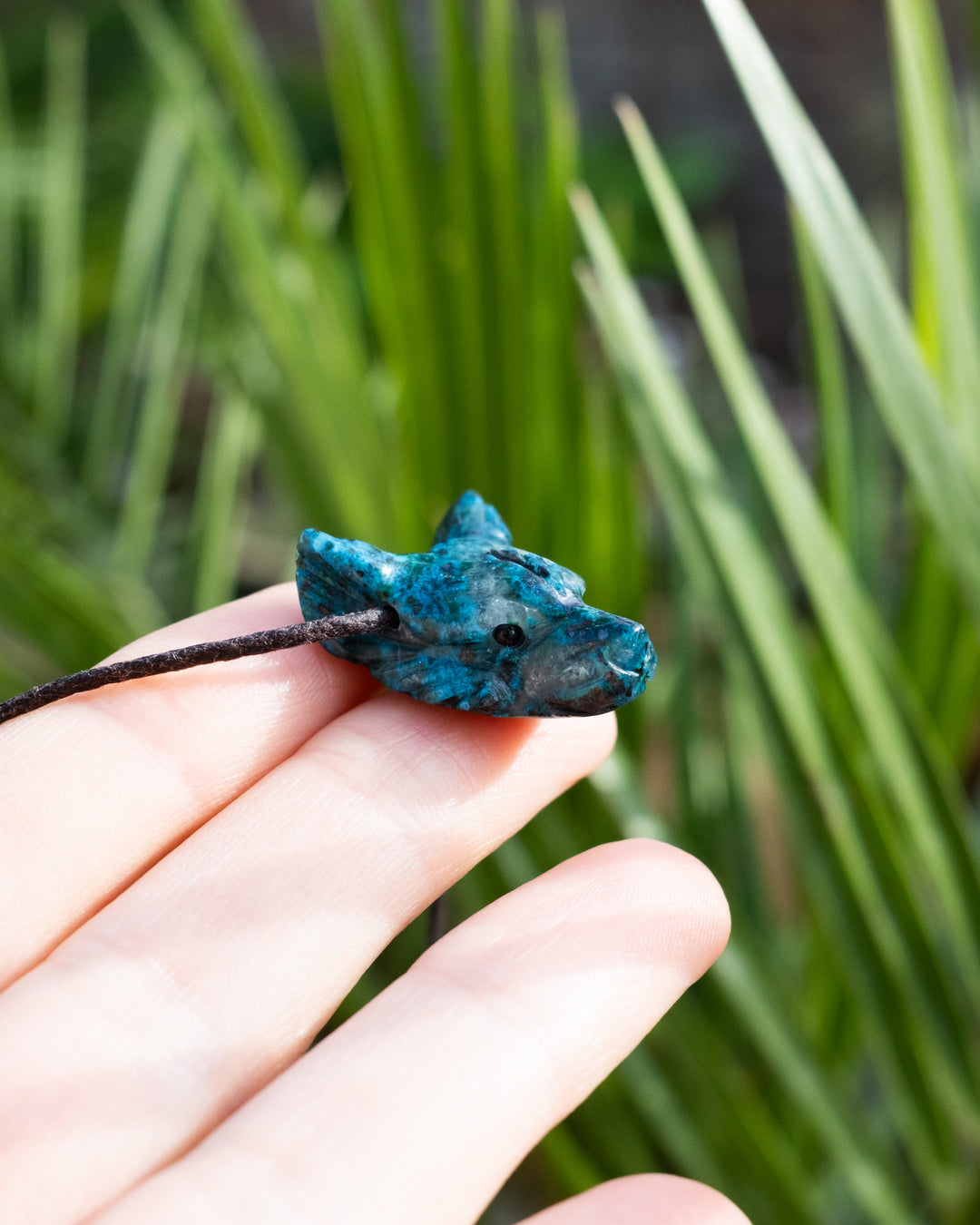 Small Rainbow Chrysocolla Hand Carved Wolf Necklace