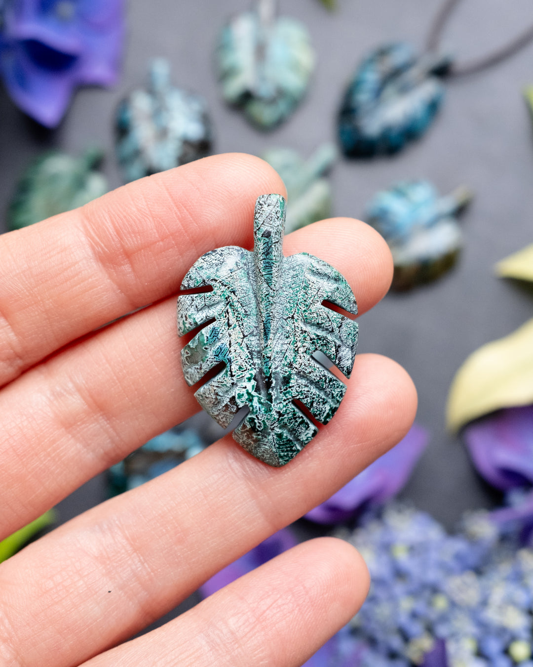Rainbow Chrysocolla Hand Carved Monstera Leaf / Cheese Plant Necklace