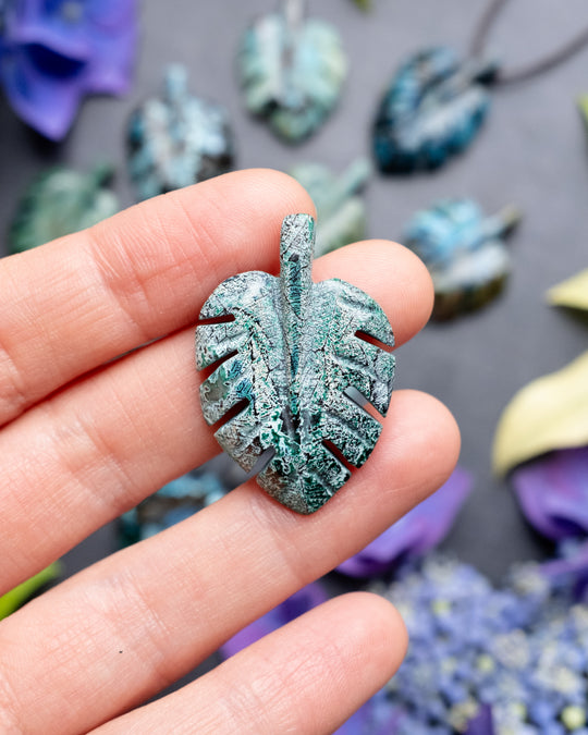 Rainbow Chrysocolla Hand Carved Monstera Leaf / Cheese Plant Necklace