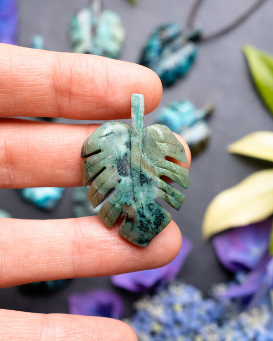 Rainbow Chrysocolla Hand Carved Monstera Leaf / Cheese Plant Necklace