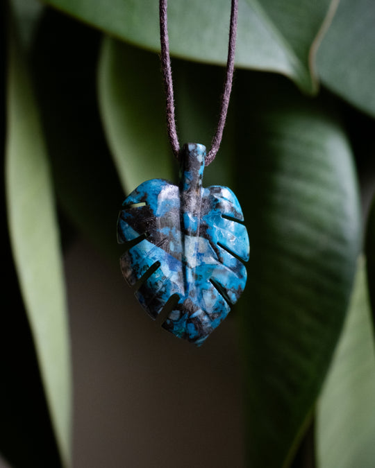 Rainbow Chrysocolla Hand Carved Monstera Leaf / Cheese Plant Necklace