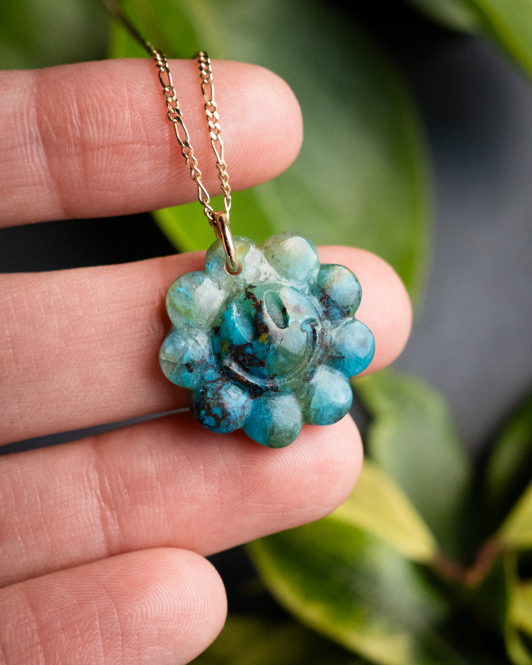 Rainbow Chrysocolla Hand Carved Groovy Flower Necklace - The Healing Pear