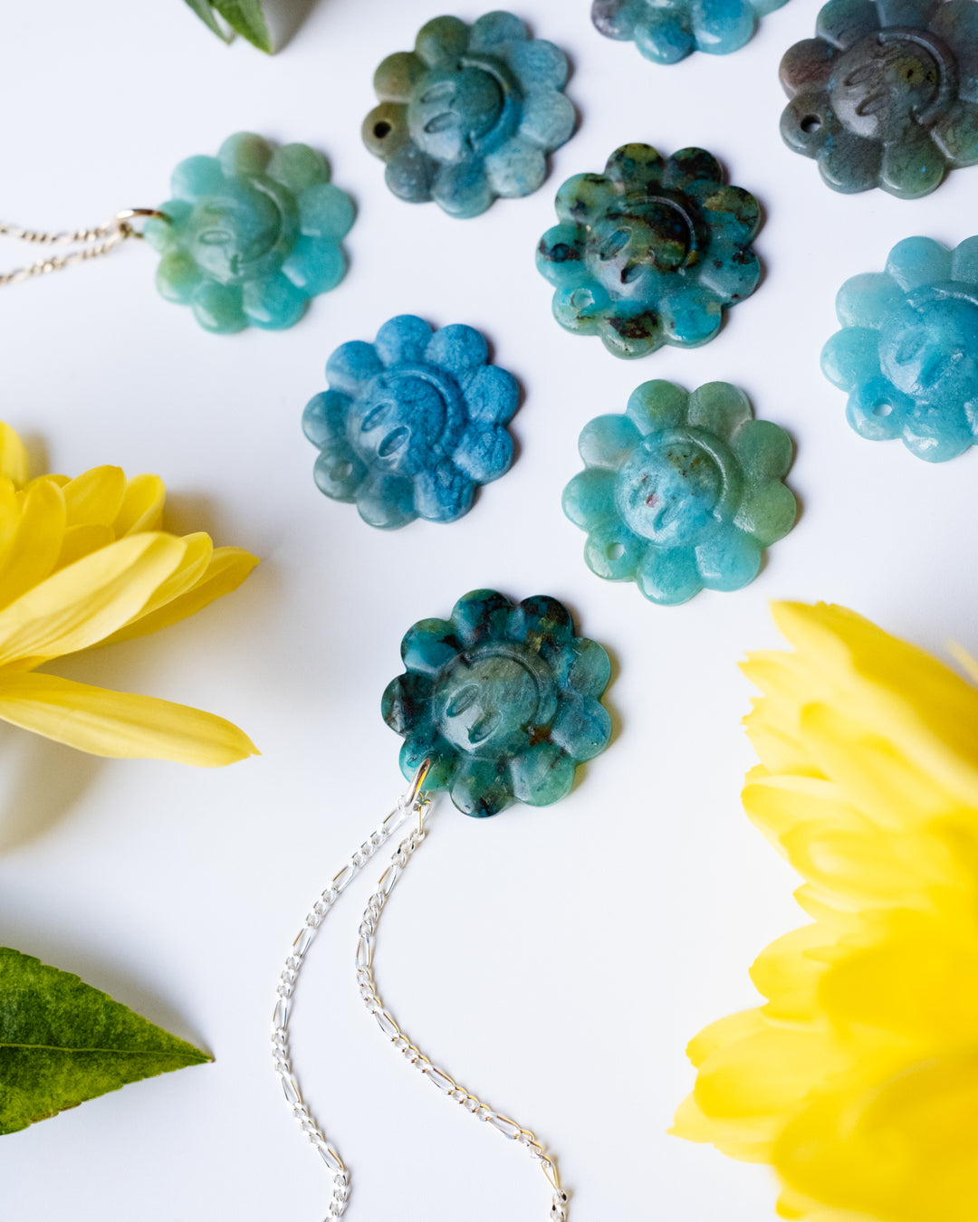 Rainbow Chrysocolla Hand Carved Groovy Flower Necklace - The Healing Pear