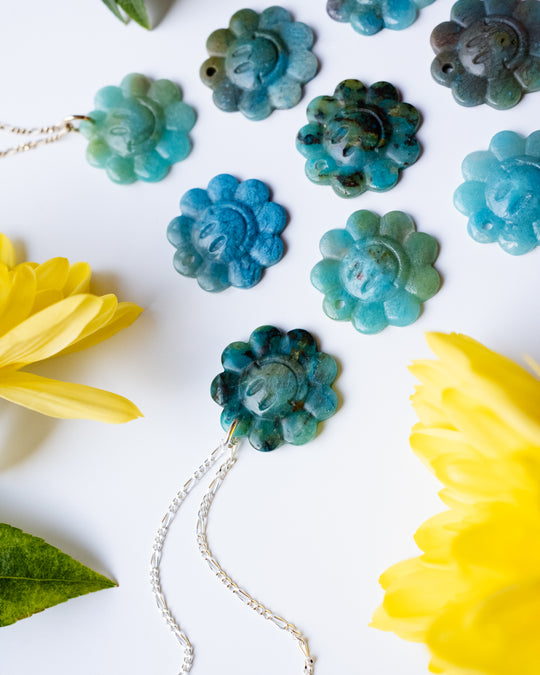 Rainbow Chrysocolla Hand Carved Groovy Flower Necklace - The Healing Pear