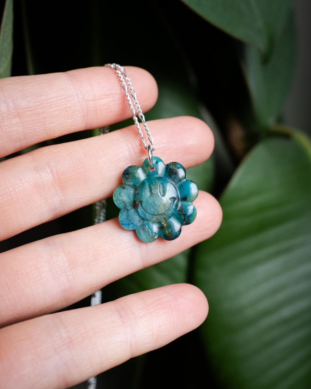 Rainbow Chrysocolla Hand Carved Groovy Flower Necklace - The Healing Pear