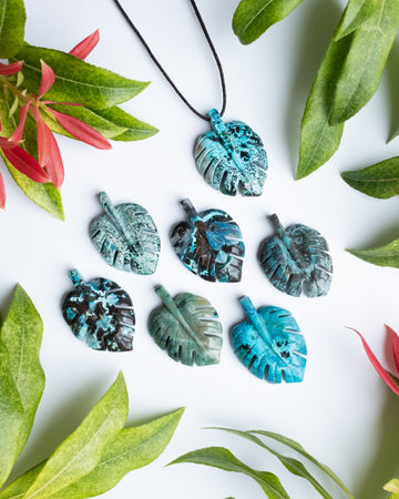 Rainbow Chrysocolla Hand Carved Monstera Leaf / Cheese Plant Necklace