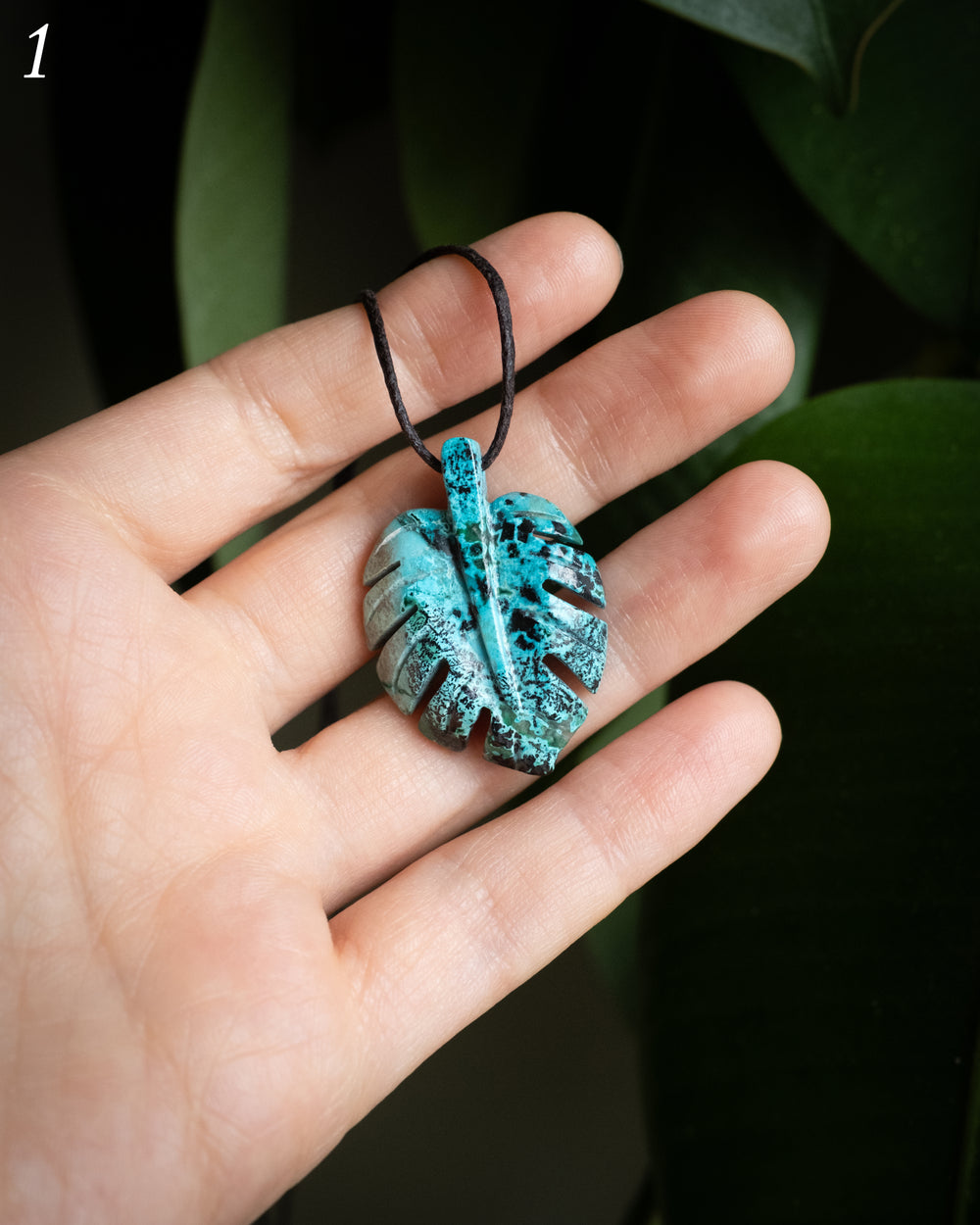 Rainbow Chrysocolla Hand Carved Monstera Leaf / Cheese Plant Necklace
