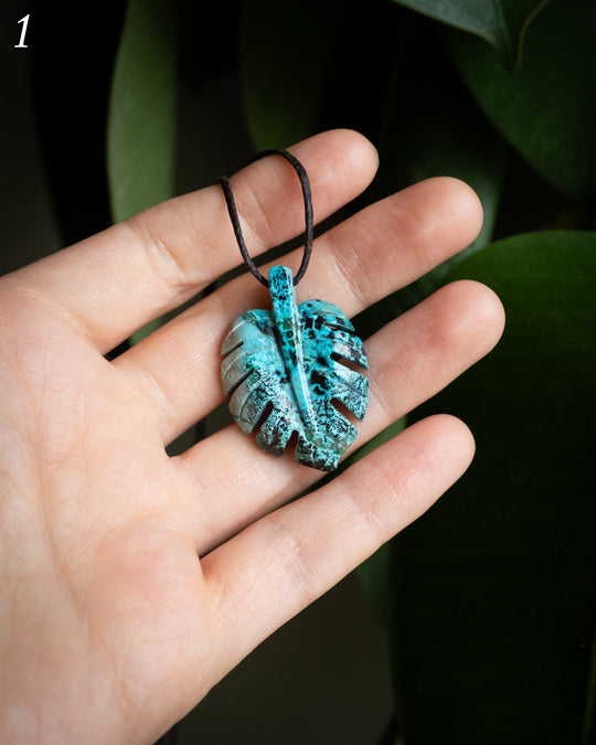 Rainbow Chrysocolla Hand Carved Monstera Leaf / Cheese Plant Necklace