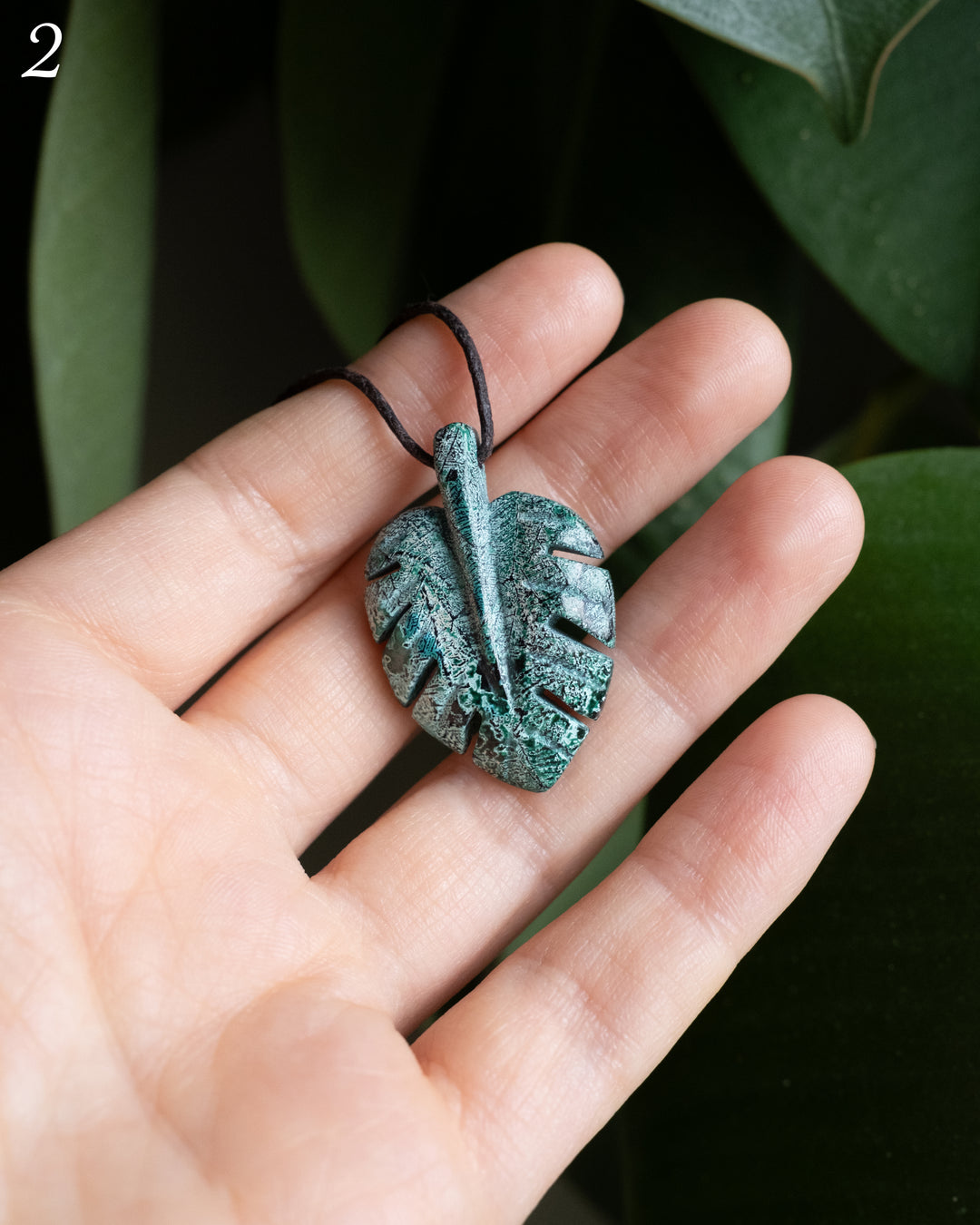 Rainbow Chrysocolla Hand Carved Monstera Leaf / Cheese Plant Necklace