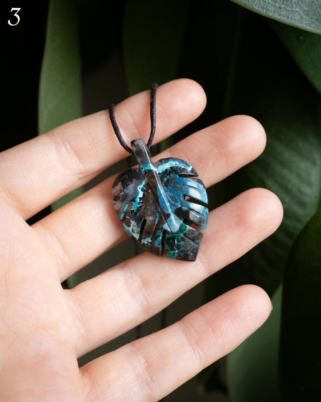 Rainbow Chrysocolla Hand Carved Monstera Leaf / Cheese Plant Necklace
