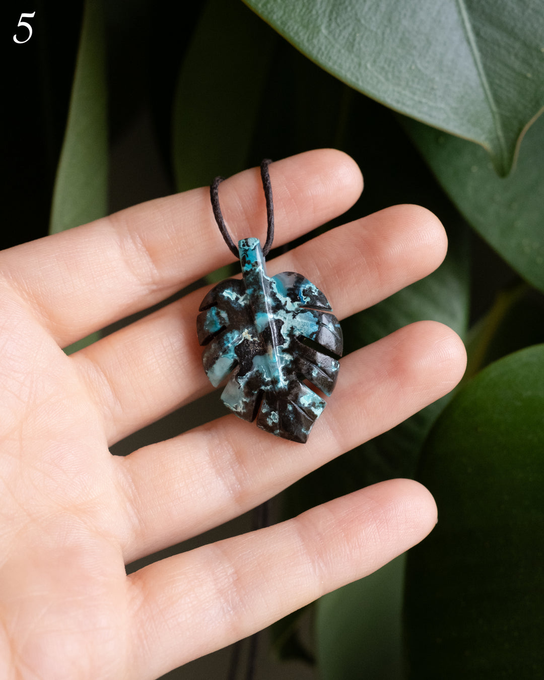 Rainbow Chrysocolla Hand Carved Monstera Leaf / Cheese Plant Necklace