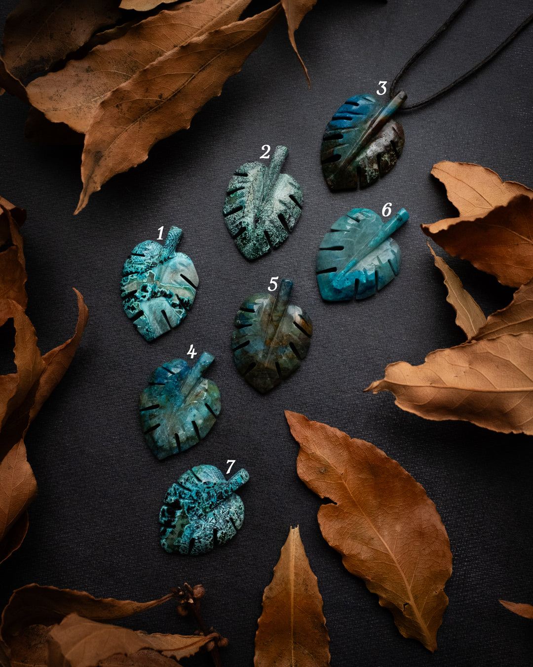 Rainbow Chrysocolla Hand Carved Monstera Leaf / Cheese Plant Necklace