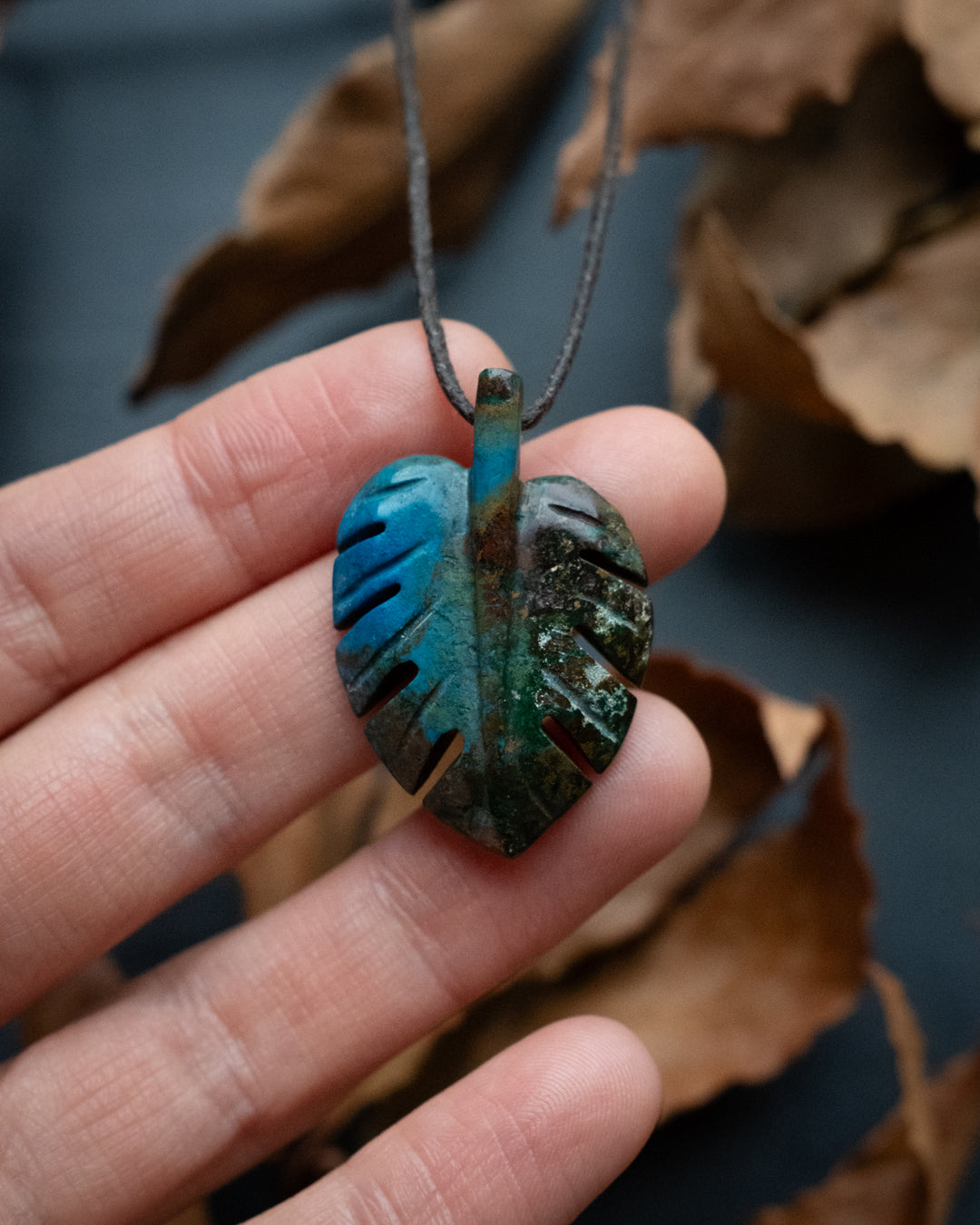 Rainbow Chrysocolla Hand Carved Monstera Leaf / Cheese Plant Necklace