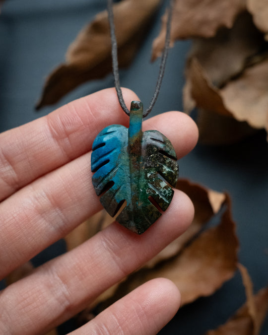 Rainbow Chrysocolla Hand Carved Monstera Leaf / Cheese Plant Necklace