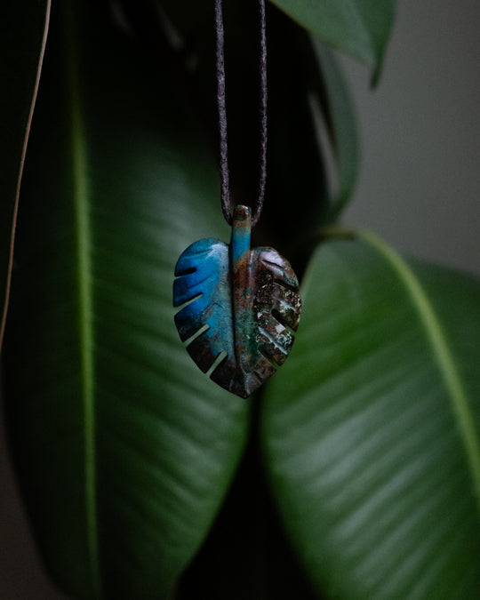 Rainbow Chrysocolla Hand Carved Monstera Leaf / Cheese Plant Necklace