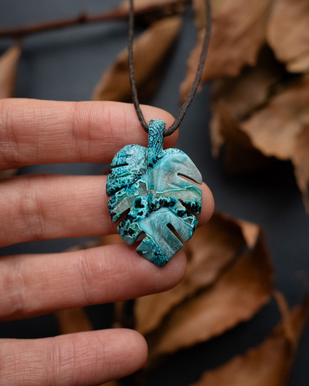 Rainbow Chrysocolla Hand Carved Monstera Leaf / Cheese Plant Necklace