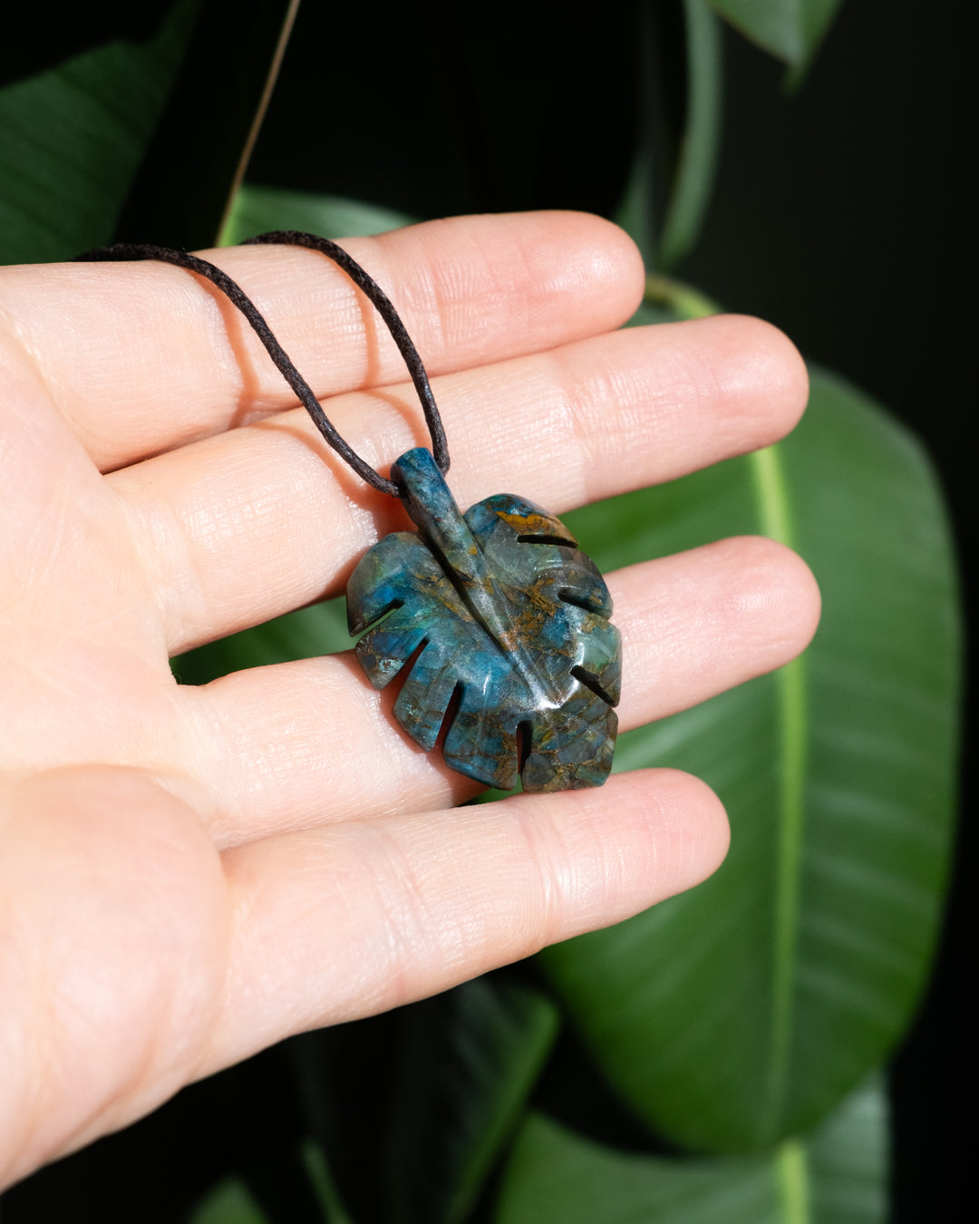 Rainbow Chrysocolla Hand Carved Monstera Leaf / Cheese Plant Necklace