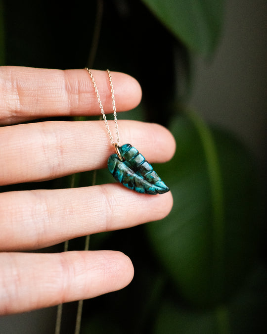 Rainbow Chrysocolla Hand Carved Leaf Necklace