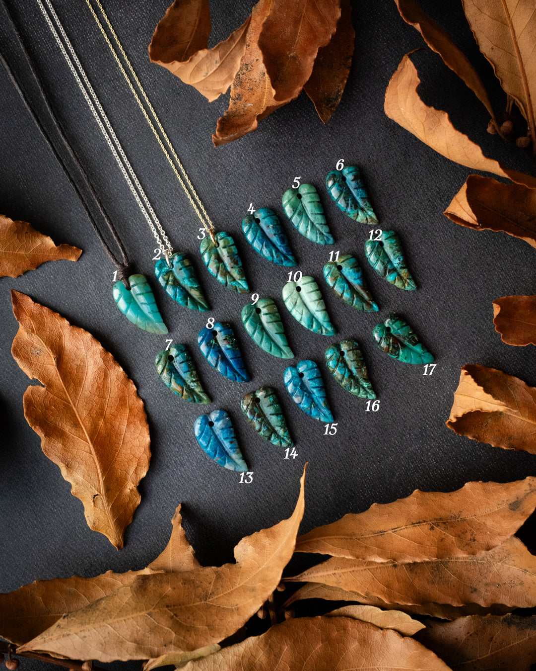 Rainbow Chrysocolla Hand Carved Leaf Necklace