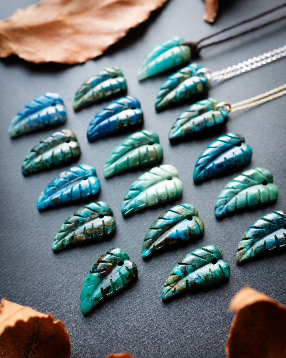Rainbow Chrysocolla Hand Carved Leaf Necklace