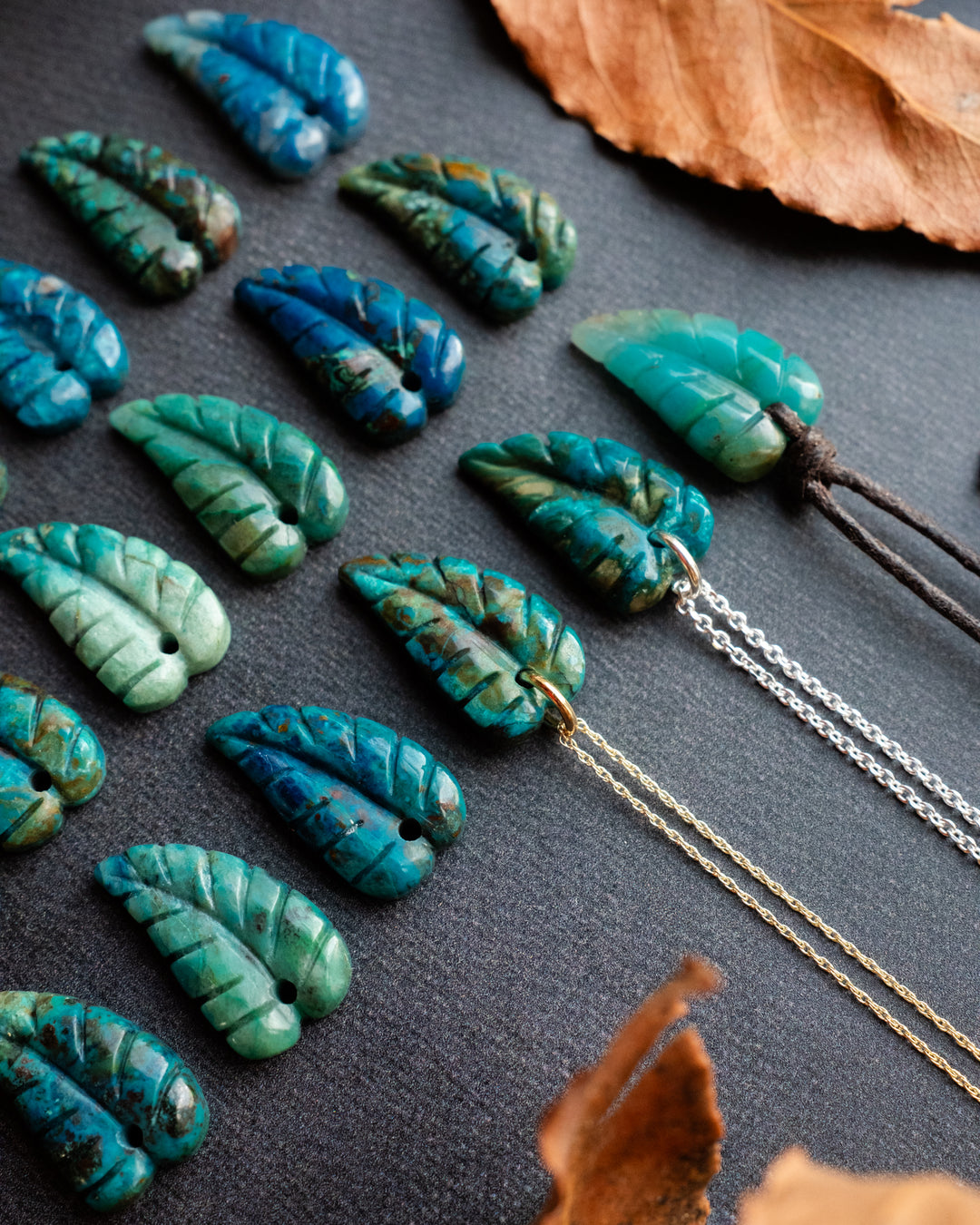 Rainbow Chrysocolla Hand Carved Leaf Necklace