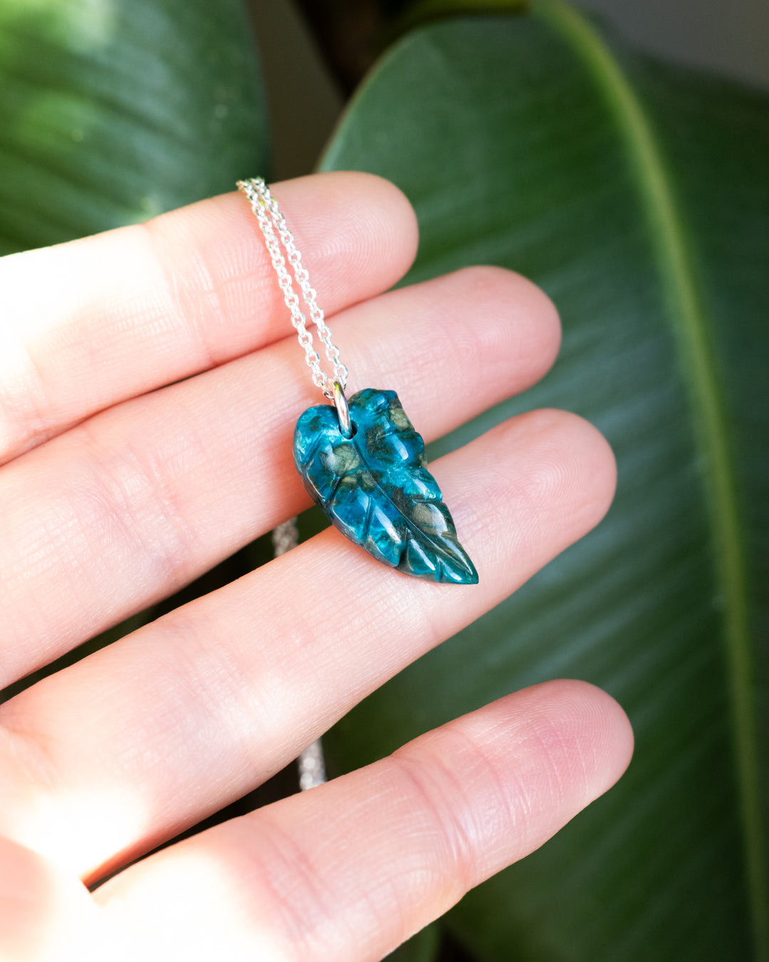 Rainbow Chrysocolla Hand Carved Leaf Necklace
