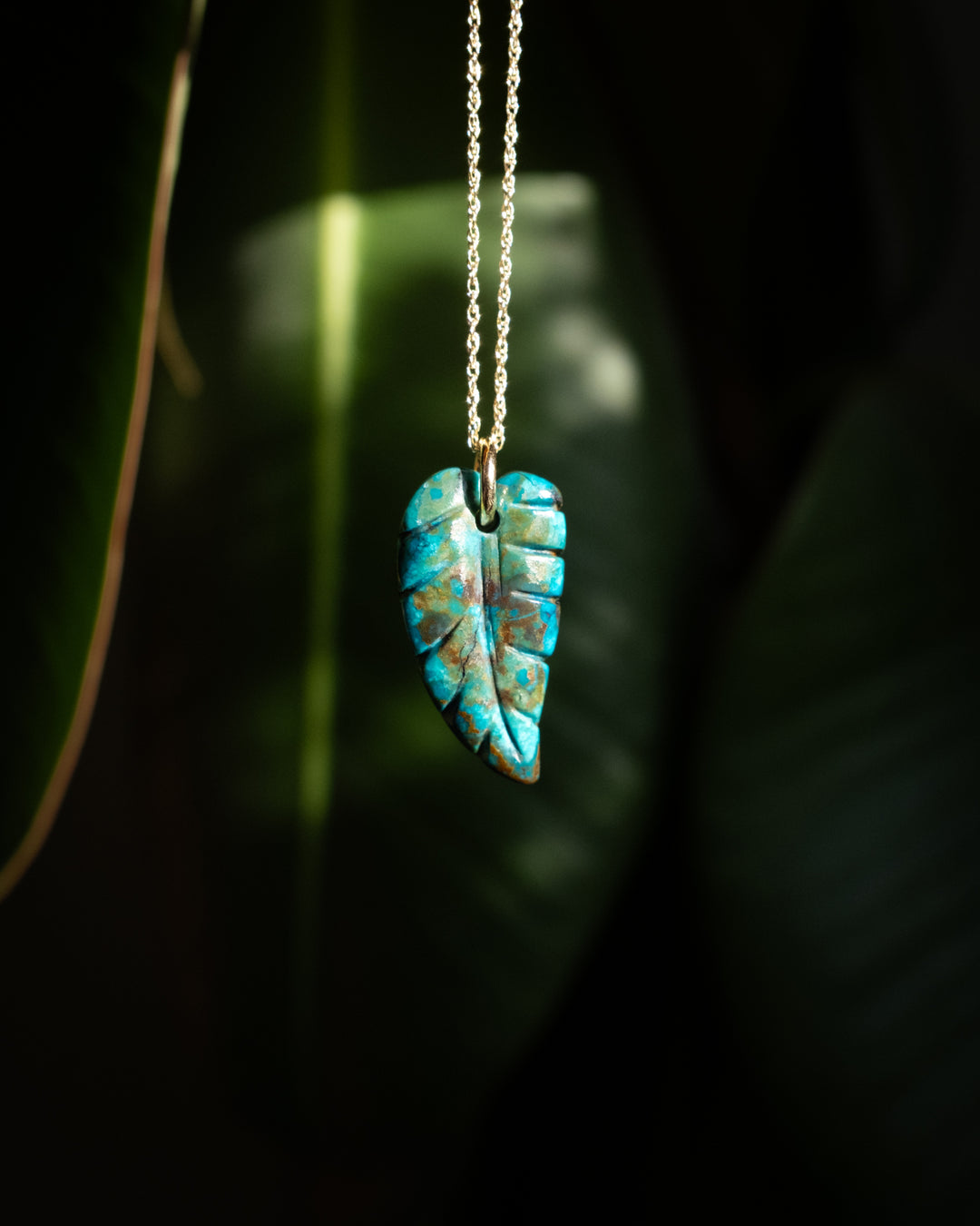 Rainbow Chrysocolla Hand Carved Leaf Necklace