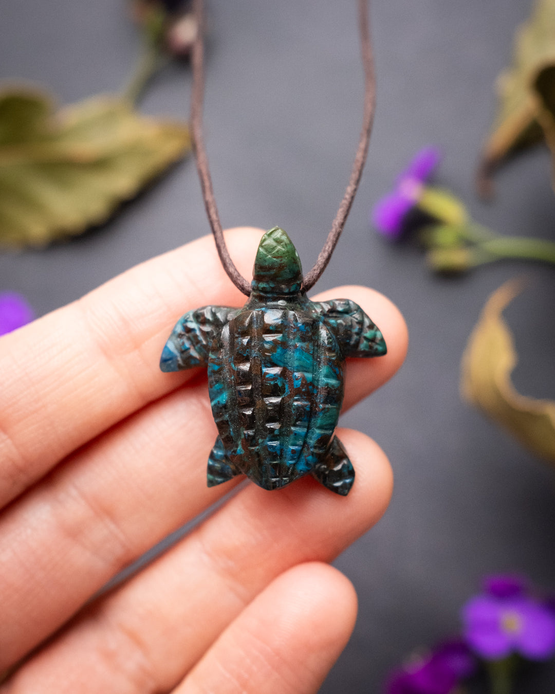 Small Rainbow Chrysocolla Hand Carved Leatherback Sea Turtle Necklace - The Healing Pear