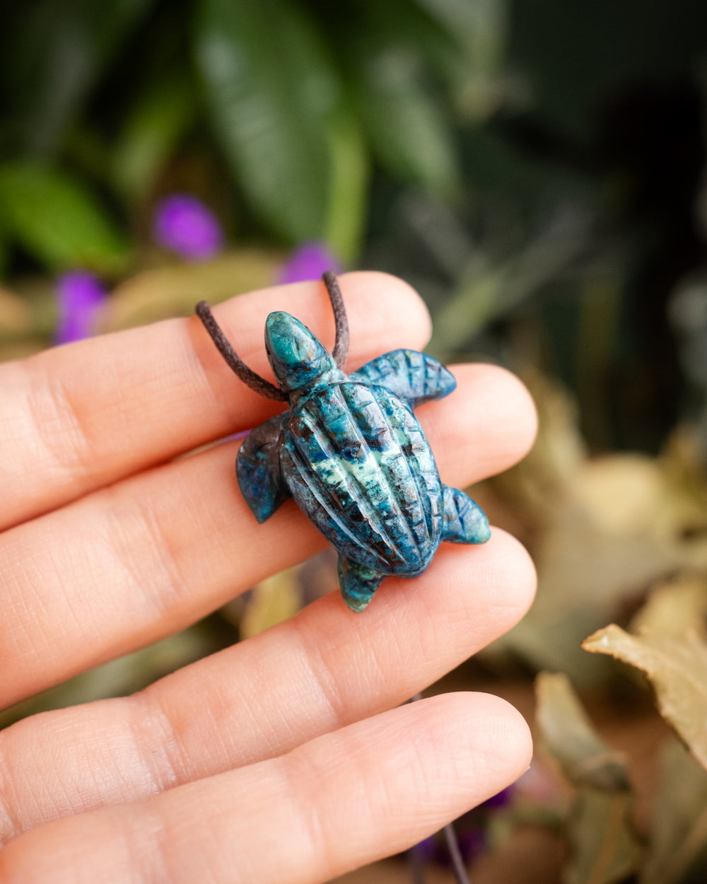 Small Rainbow Chrysocolla Hand Carved Leatherback Sea Turtle Necklace
