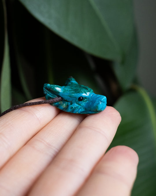Small Rainbow Chrysocolla Hand Carved Wolf Necklace - The Healing Pear