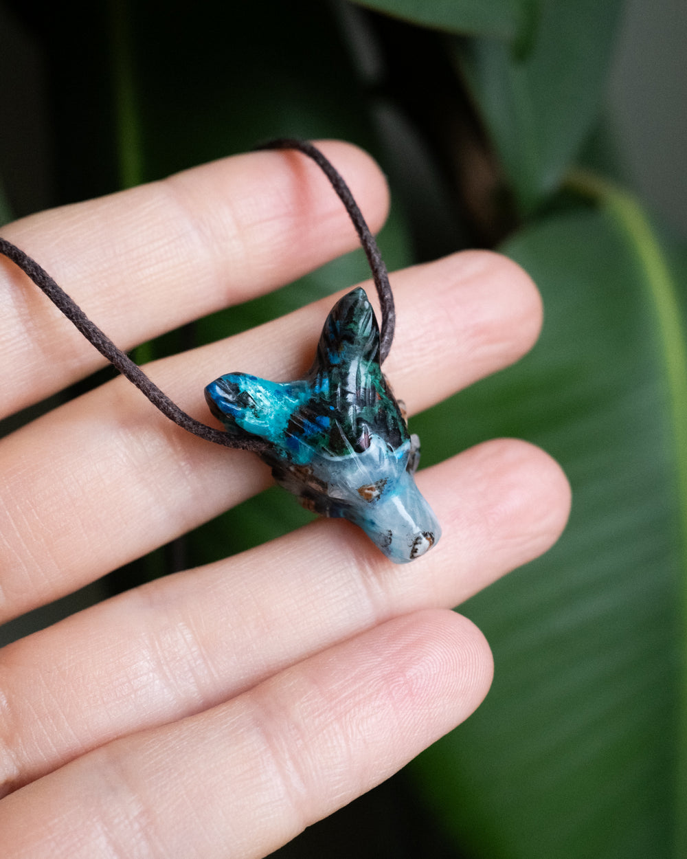Small Rainbow Chrysocolla Hand Carved Wolf Necklace