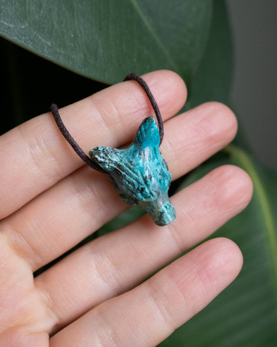 Small Rainbow Chrysocolla Hand Carved Wolf Necklace - The Healing Pear