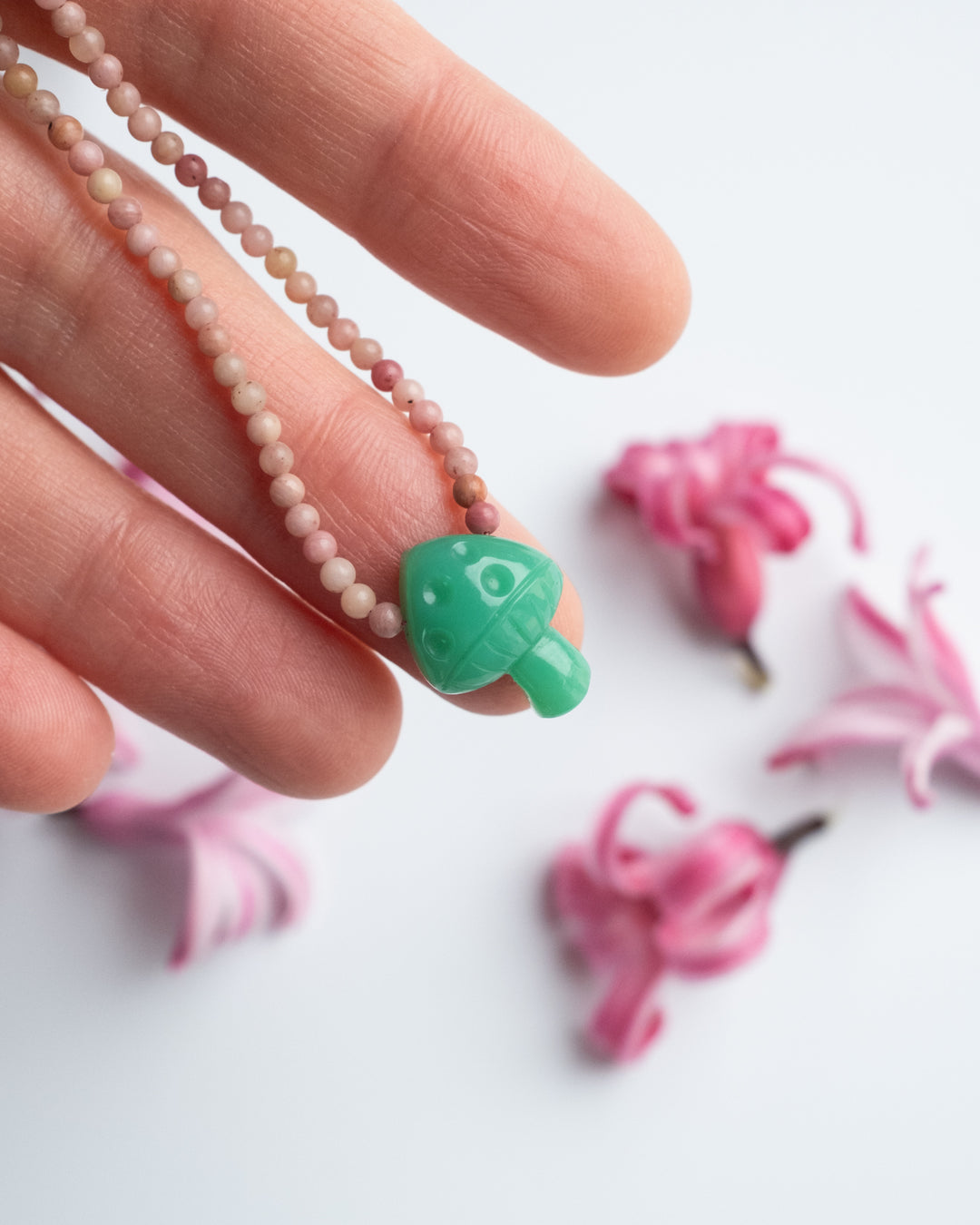 Chrysoprase Hand Carved Toadstool & Rhodonite Beaded Necklace