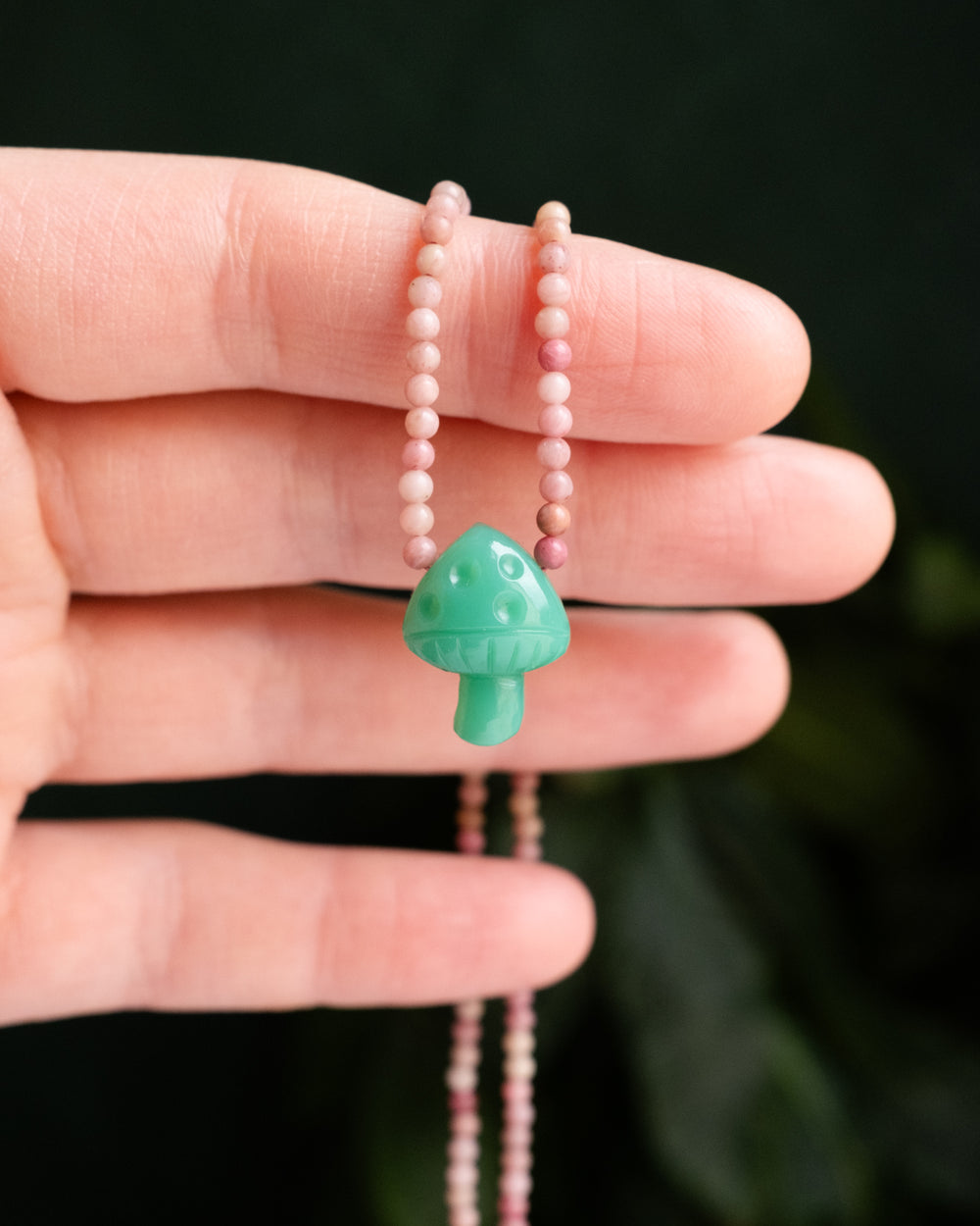 Chrysoprase Hand Carved Toadstool & Rhodonite Beaded Necklace - The Healing Pear