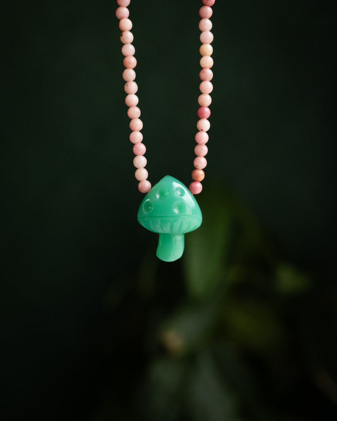 Chrysoprase Hand Carved Toadstool & Rhodonite Beaded Necklace - The Healing Pear