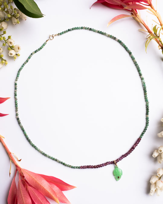 Chrysoprase Leaf, Rhodonite, Garnet &amp; African Jade Recycled 9ct Gold Beaded Necklace - The Healing Pear