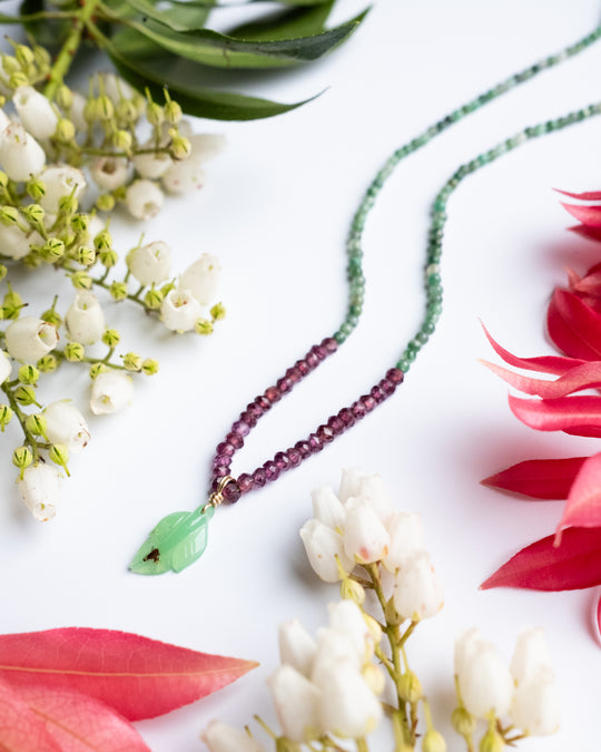 Chrysoprase Leaf, Rhodonite, Garnet &amp; African Jade Recycled 9ct Gold Beaded Necklace - The Healing Pear