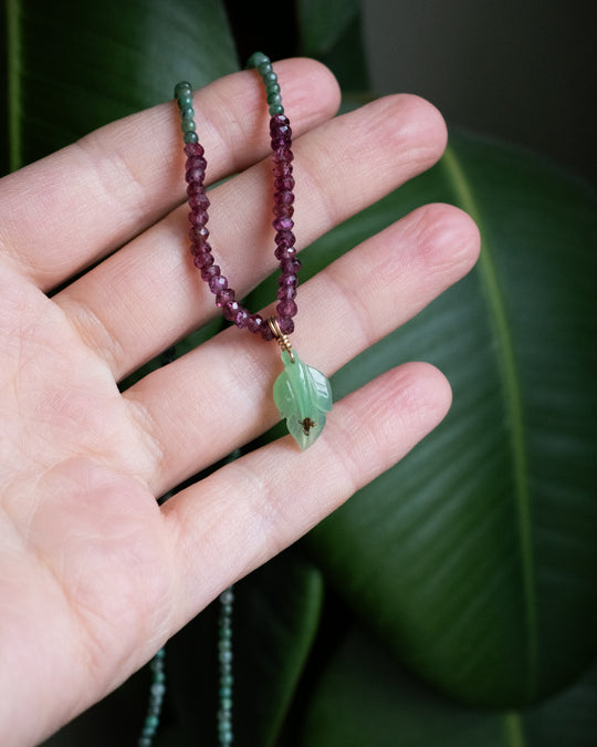 Chrysoprase Leaf, Rhodonite, Garnet &amp; African Jade Recycled 9ct Gold Beaded Necklace - The Healing Pear