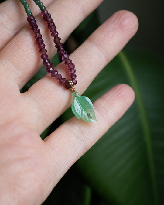 Chrysoprase Leaf, Rhodonite, Garnet &amp; African Jade Recycled 9ct Gold Beaded Necklace - The Healing Pear
