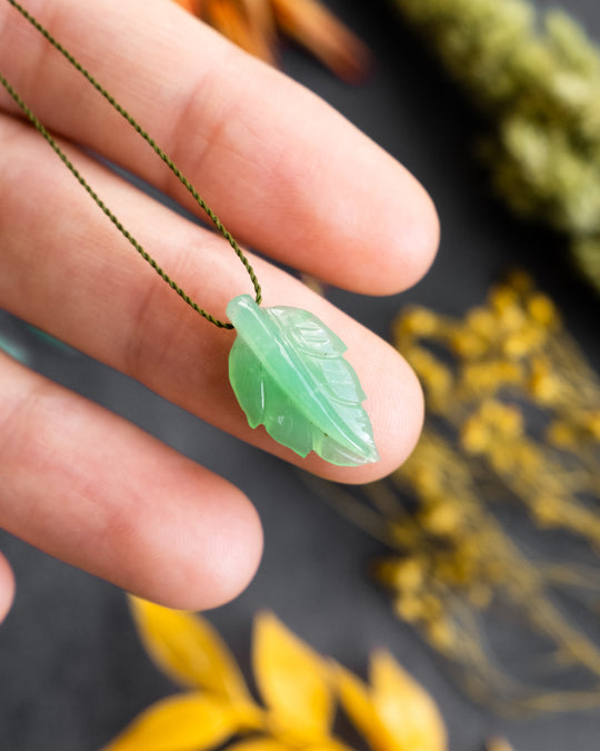 Chrysoprase Hand Carved Vegan Silk Leaf Necklace - The Healing Pear