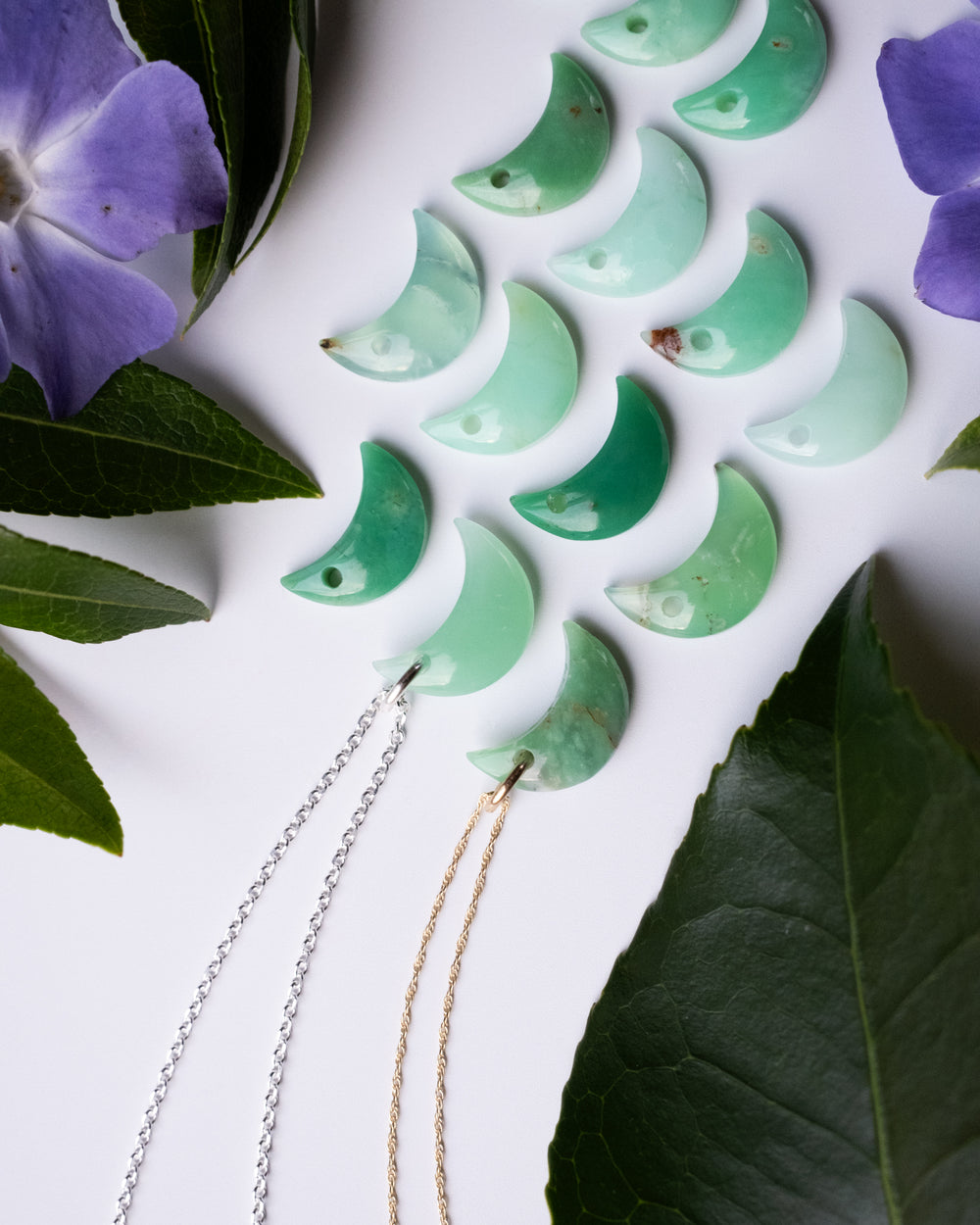 Chrysoprase Crescent Moon Recycled Sterling Silver or Gold Necklace