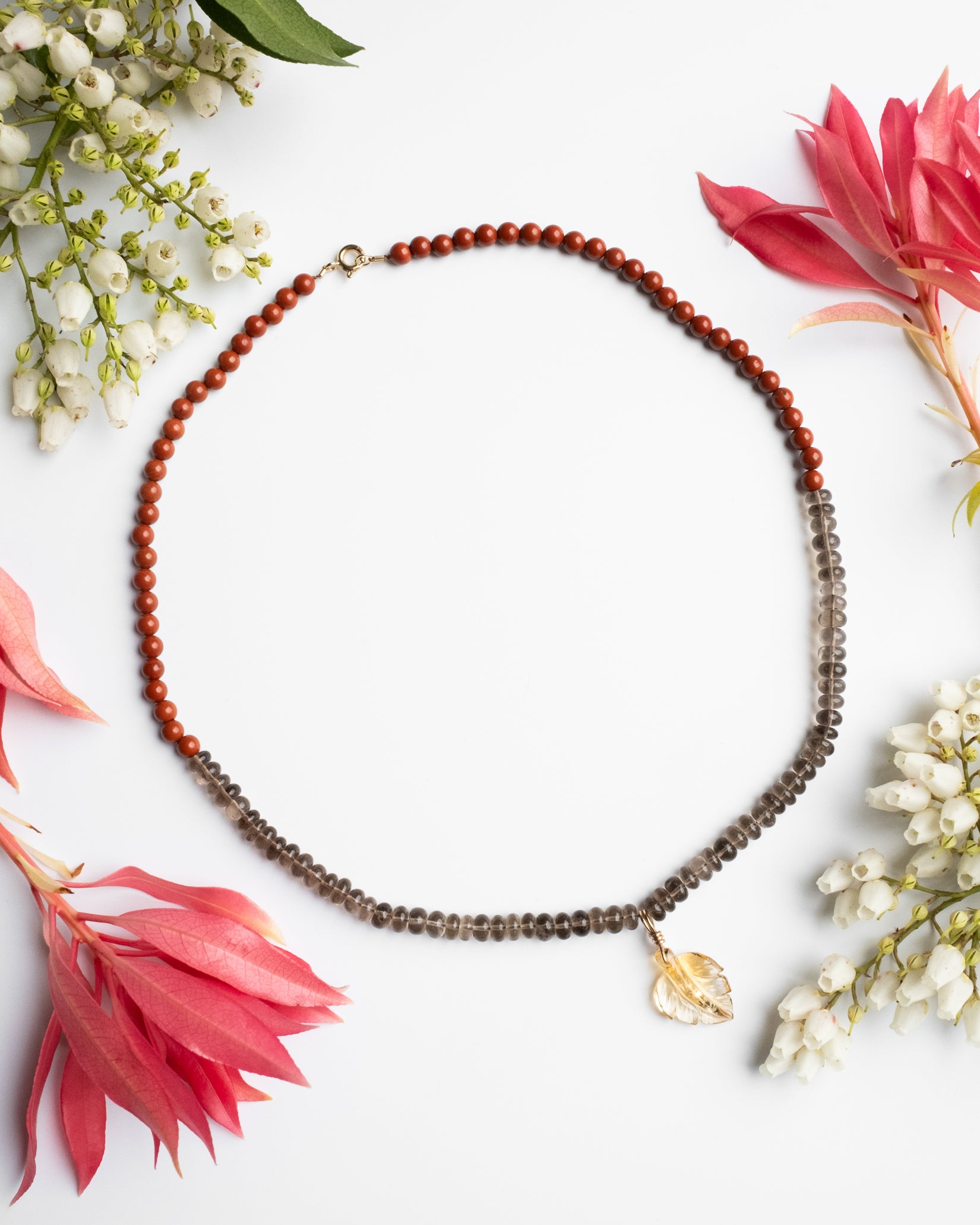 Natural Citrine Leaf, Smoky Quartz & Red Jasper Recycled 9ct Gold Beaded Necklace - The Healing Pear