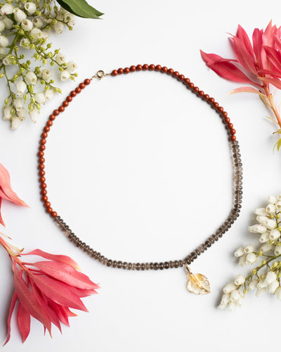 Natural Citrine Leaf, Smoky Quartz & Red Jasper Recycled 9ct Gold Beaded Necklace