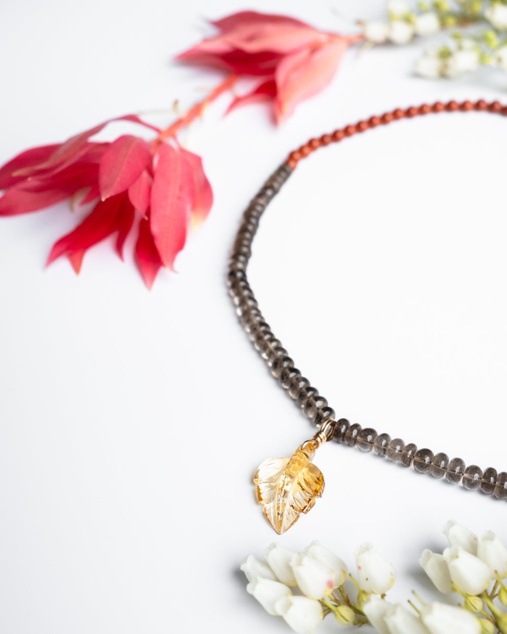Natural Citrine Leaf, Smoky Quartz & Red Jasper Recycled 9ct Gold Beaded Necklace - The Healing Pear