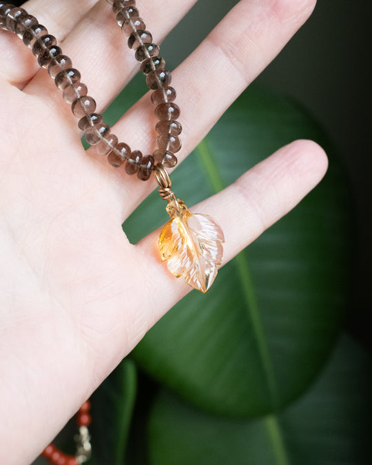 Natural Citrine Leaf, Smoky Quartz &amp; Red Jasper Recycled 9ct Gold Beaded Necklace - The Healing Pear