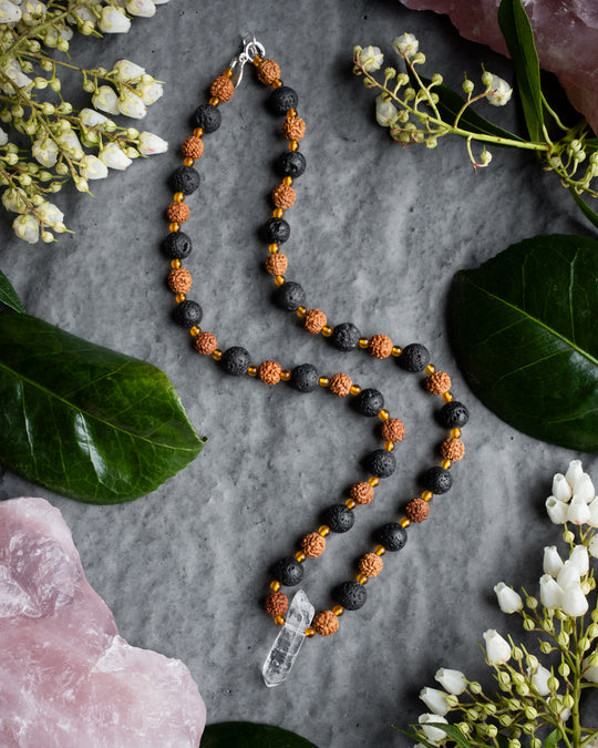 Clear Quartz Point, Red Rudraksha, Lava Stone &amp; Baltic Amber Beaded Necklace - The Healing Pear